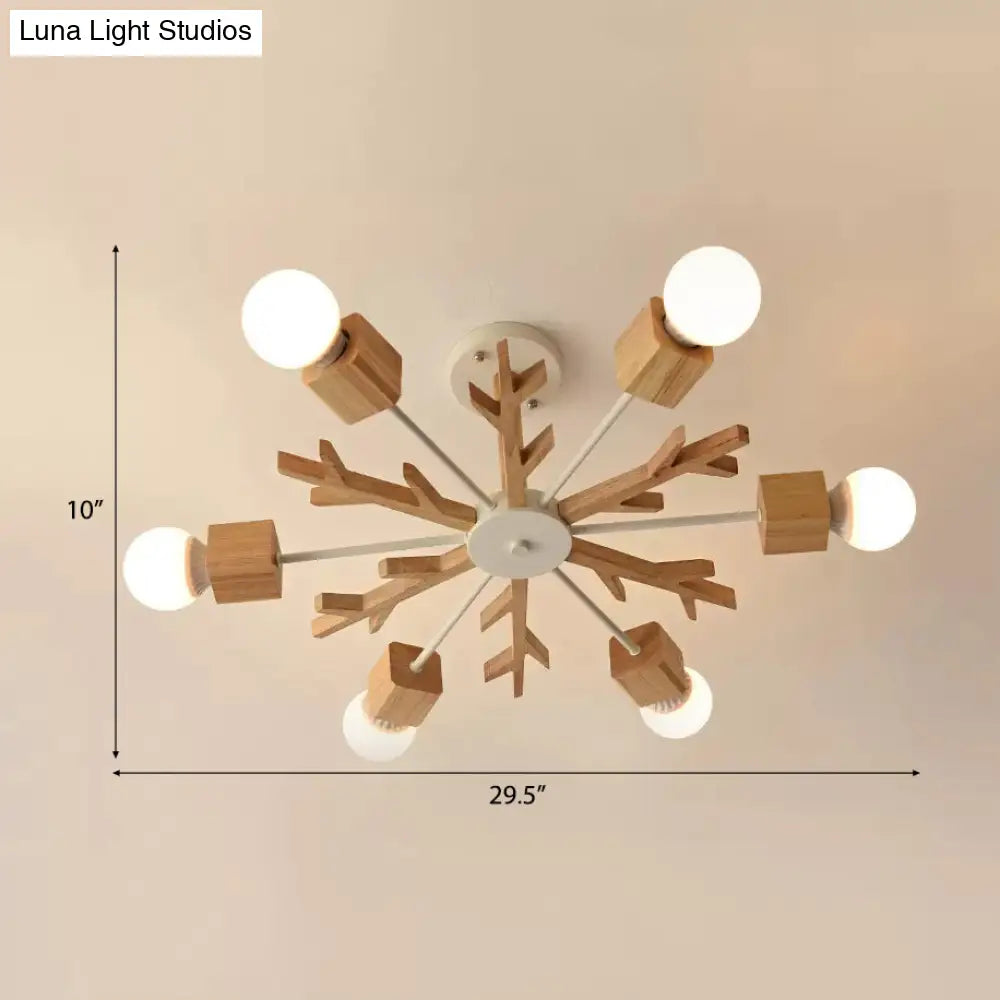 Childrens Beige Wood Snowflake Chandelier With Bare Bulb For Living Room