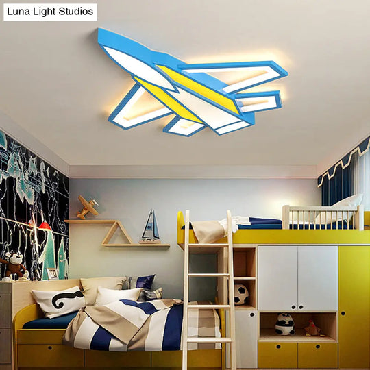 Childrens Blue And Yellow Led Jet Plane Acrylic Ceiling Flush Mount Light For Bedroom