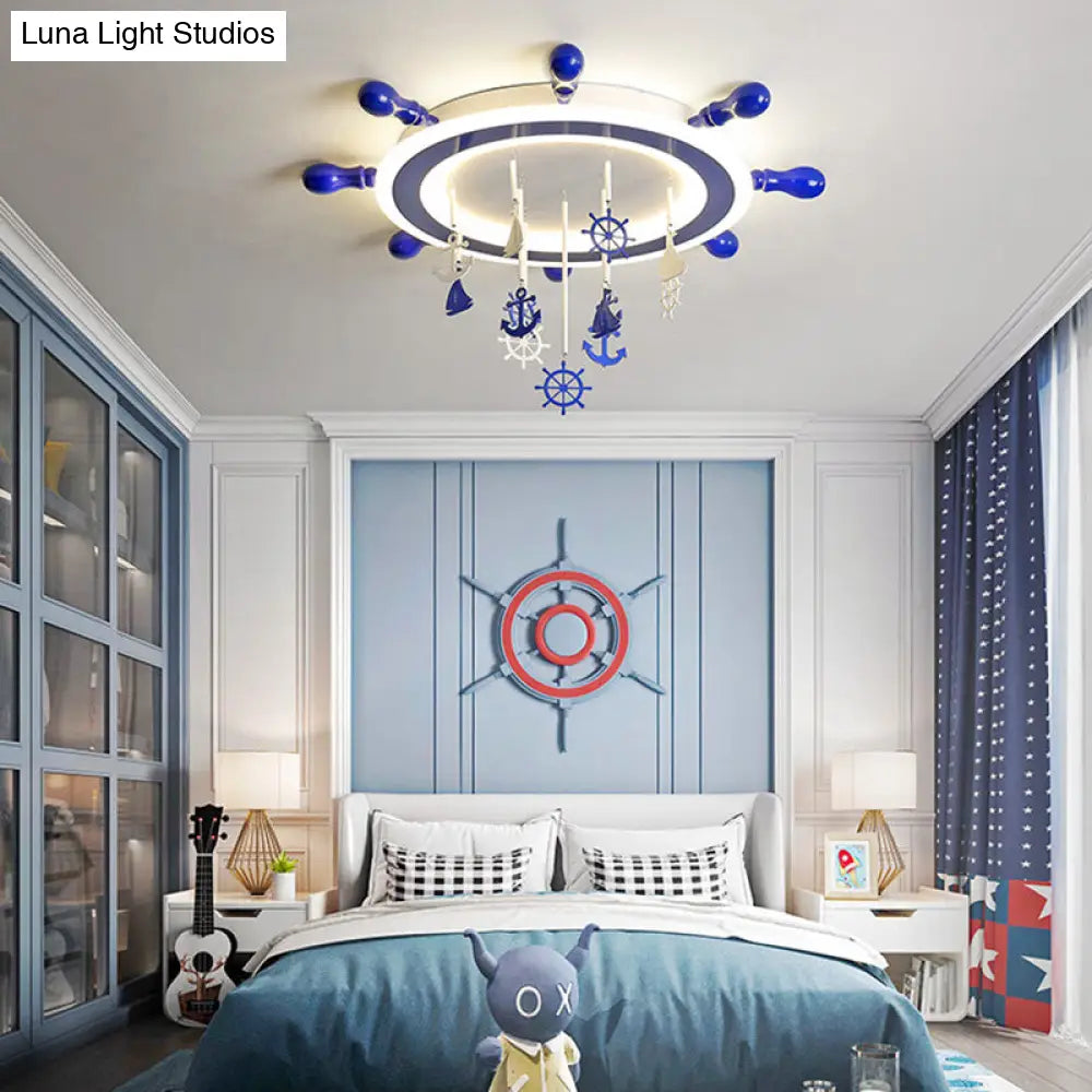 Childrens Blue Nautical Rudder Flushmount Led Ceiling Light With Anchor Deco - Warm/White / White