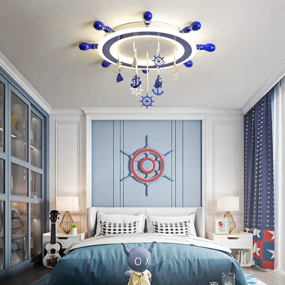 Children’s Blue Nautical Rudder Flushmount Led Ceiling Light With Anchor Deco - Warm/White / White