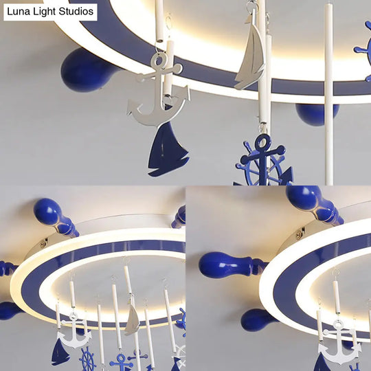 Childrens Blue Nautical Rudder Flushmount Led Ceiling Light With Anchor Deco - Warm/White