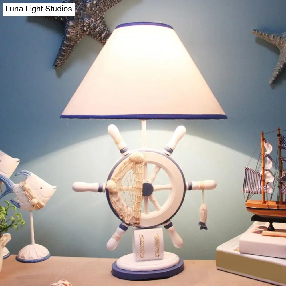 Childrens Blue Night Light Desk Lamp With Resin Rudder Base Single Bulb And White Cone Shade