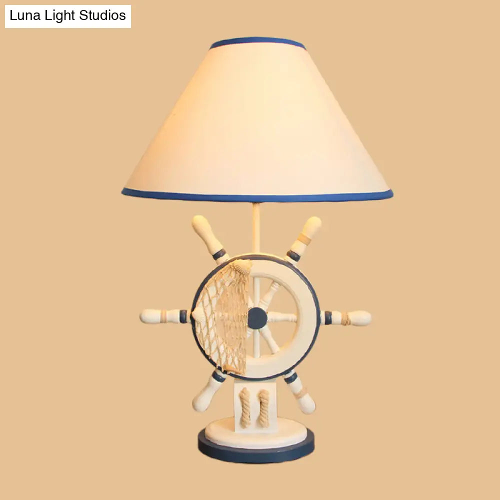 Childrens Blue Night Light Desk Lamp With Resin Rudder Base Single Bulb And White Cone Shade