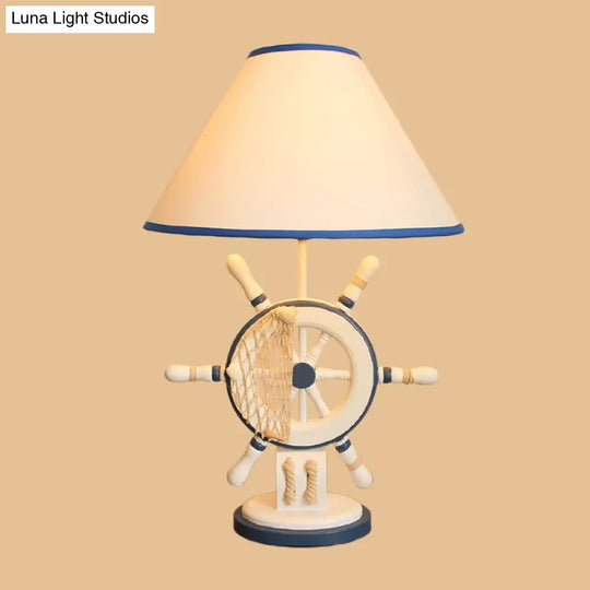 Childrens Blue Night Light Desk Lamp With Resin Rudder Base Single Bulb And White Cone Shade