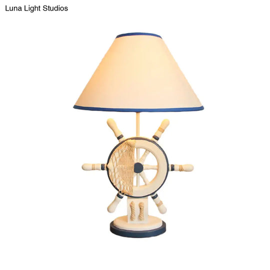 Childrens Blue Night Light Desk Lamp With Resin Rudder Base Single Bulb And White Cone Shade