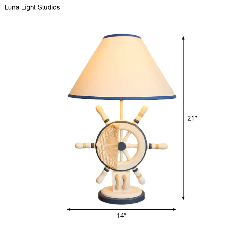 Childrens Blue Night Light Desk Lamp With Resin Rudder Base Single Bulb And White Cone Shade