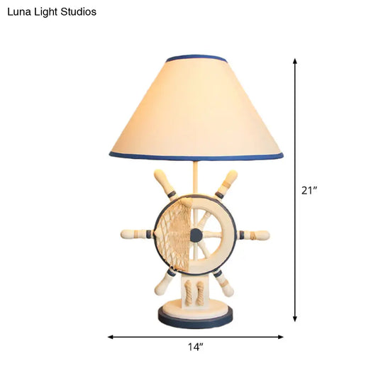 Childrens Blue Night Light Desk Lamp With Resin Rudder Base Single Bulb And White Cone Shade