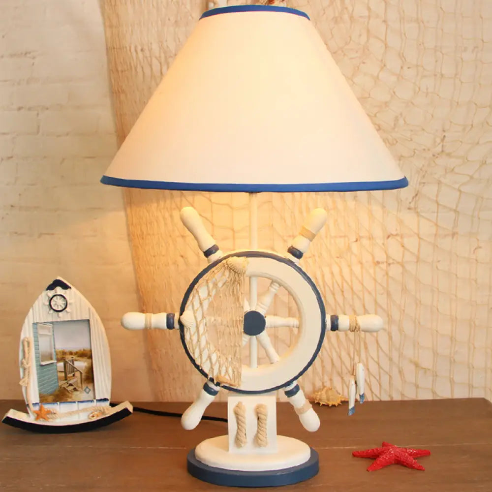 Childrens Blue Night Light Desk Lamp With Resin Rudder Base Single Bulb And White Cone Shade / A