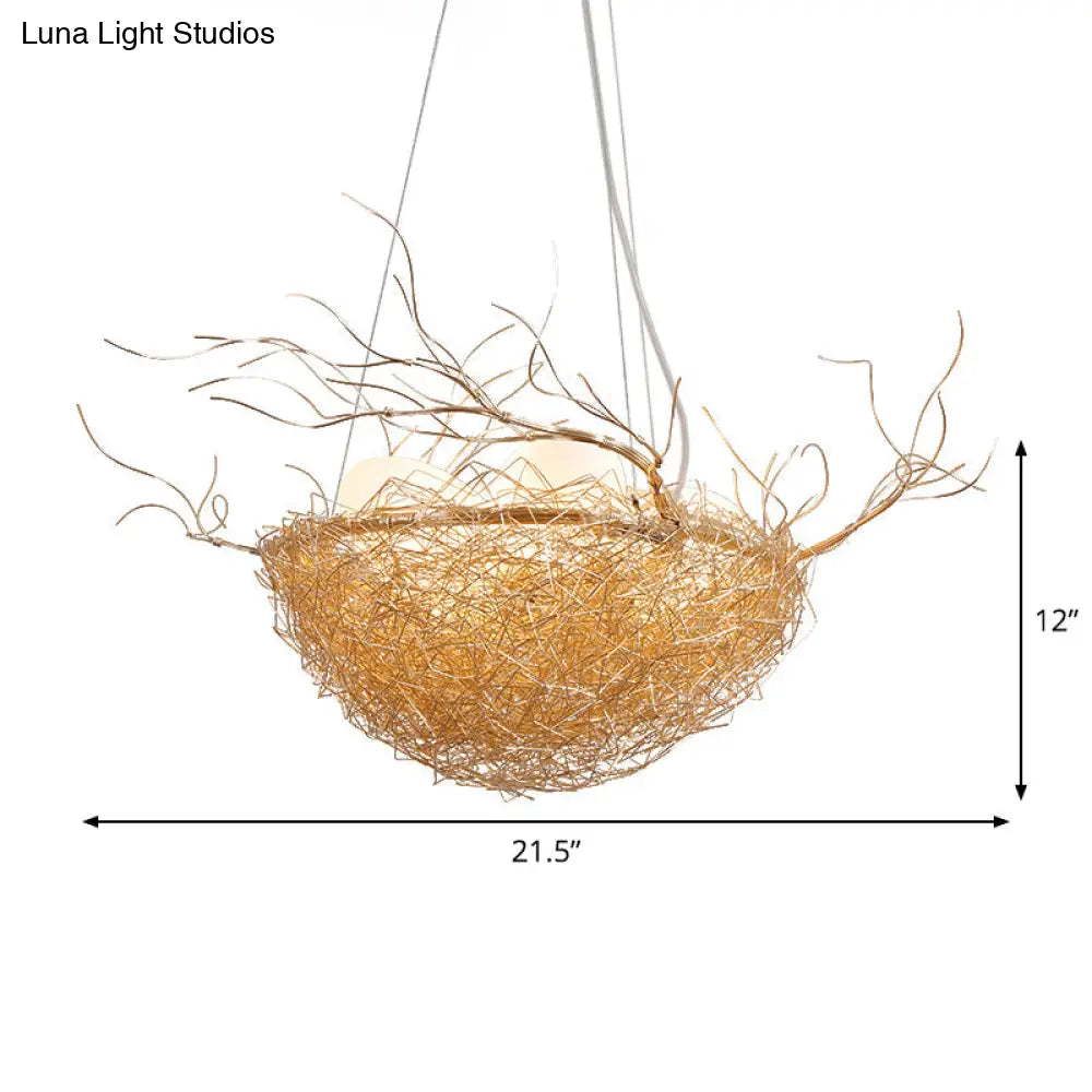 Childrens Gold Pendant Light Chandelier With Bird Nest & Egg For Balcony Or Hallway