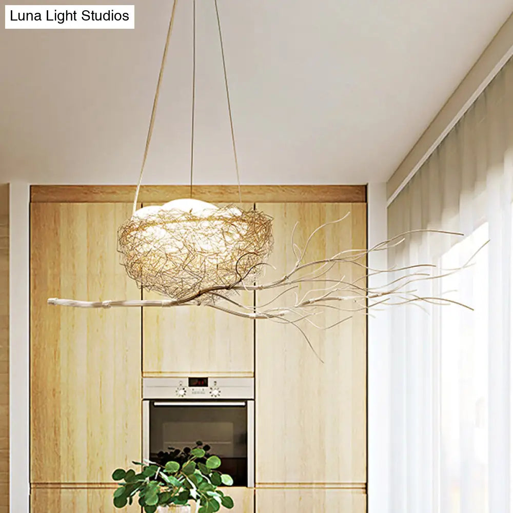 Childrens Gold Pendant Light Chandelier With Bird Nest & Egg For Balcony Or Hallway