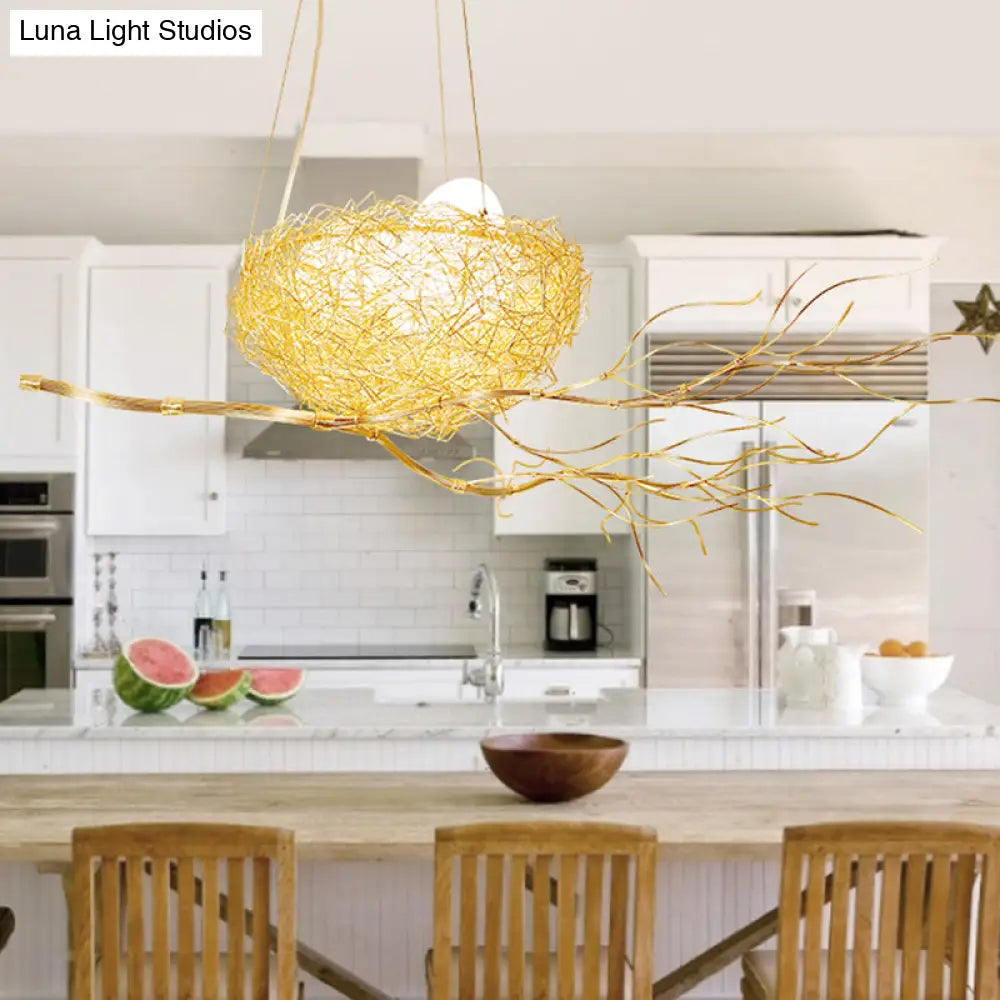 Childrens Gold Pendant Light Chandelier With Bird Nest & Egg For Balcony Or Hallway