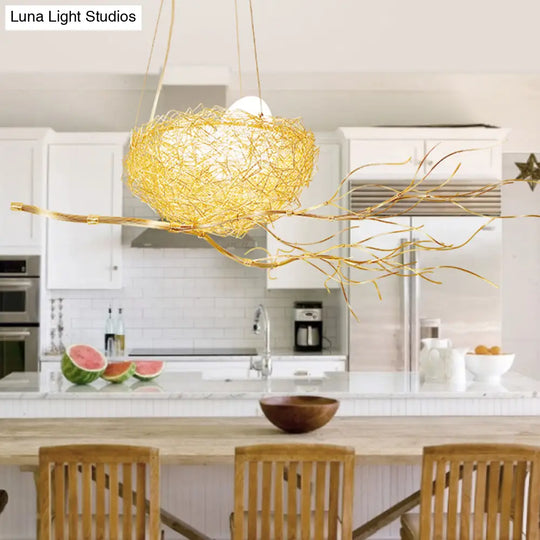 Childrens Gold Pendant Light Chandelier With Bird Nest & Egg For Balcony Or Hallway