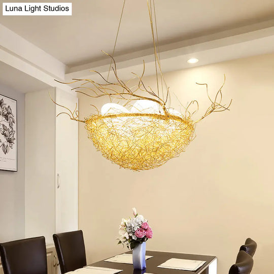 Childrens Gold Pendant Light Chandelier With Bird Nest & Egg For Balcony Or Hallway