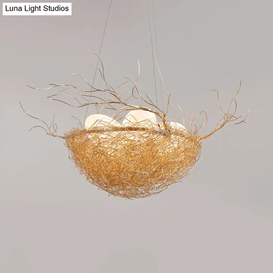 Childrens Gold Pendant Light Chandelier With Bird Nest & Egg For Balcony Or Hallway