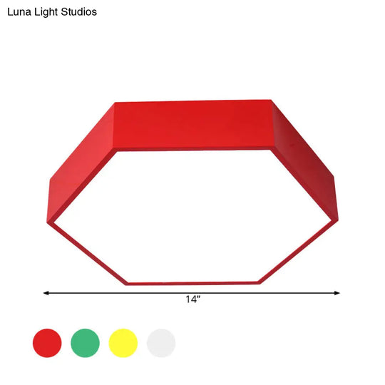 Childrens Hexagon Led Flush Ceiling Light In Macaroon Acrylic: Red/Yellow/Green Mount Lighting