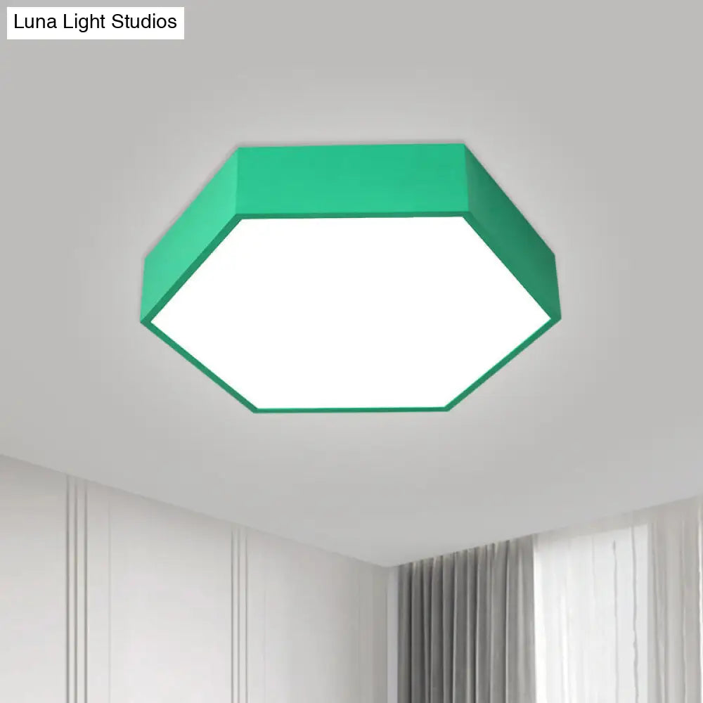 Childrens Hexagon Led Flush Ceiling Light In Macaroon Acrylic: Red/Yellow/Green Mount Lighting Green