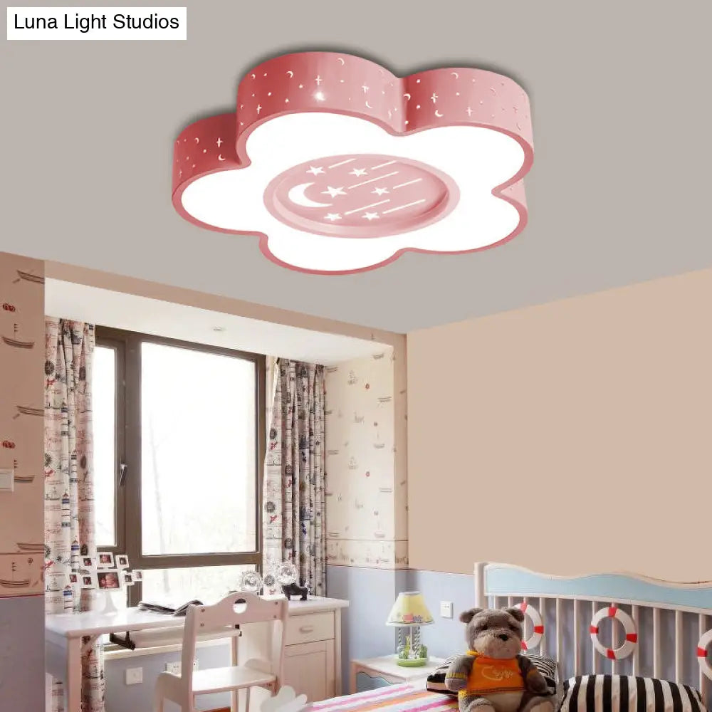 Childrens Hollow Flower Led Ceiling Mount Light With Moon And Star Cartoon Design Pink