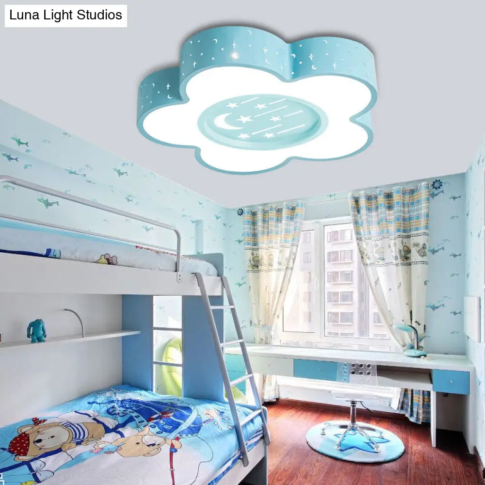 Childrens Hollow Flower Led Ceiling Mount Light With Moon And Star Cartoon Design Blue