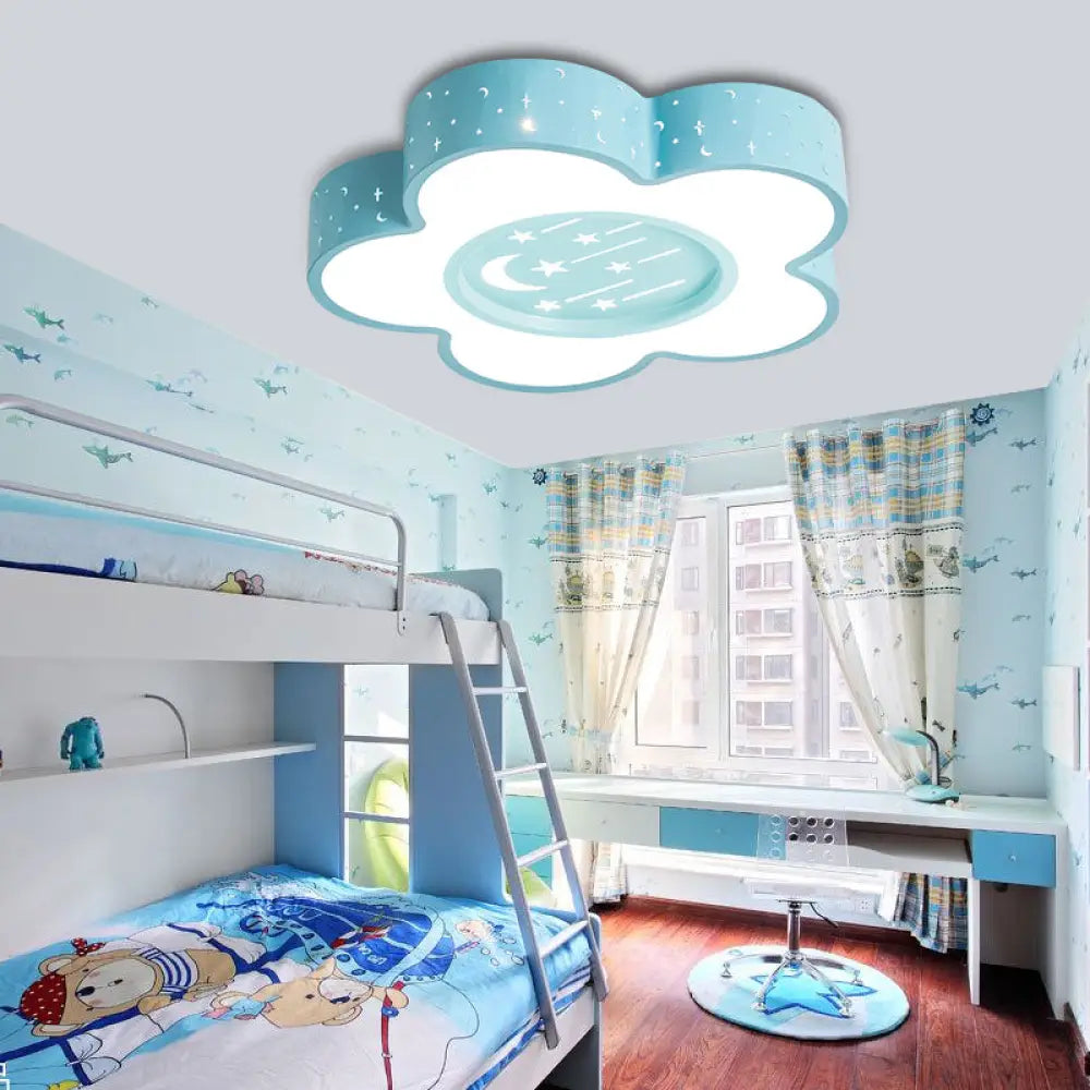 Children’s Hollow Flower Led Ceiling Mount Light With Moon And Star Cartoon Design Blue
