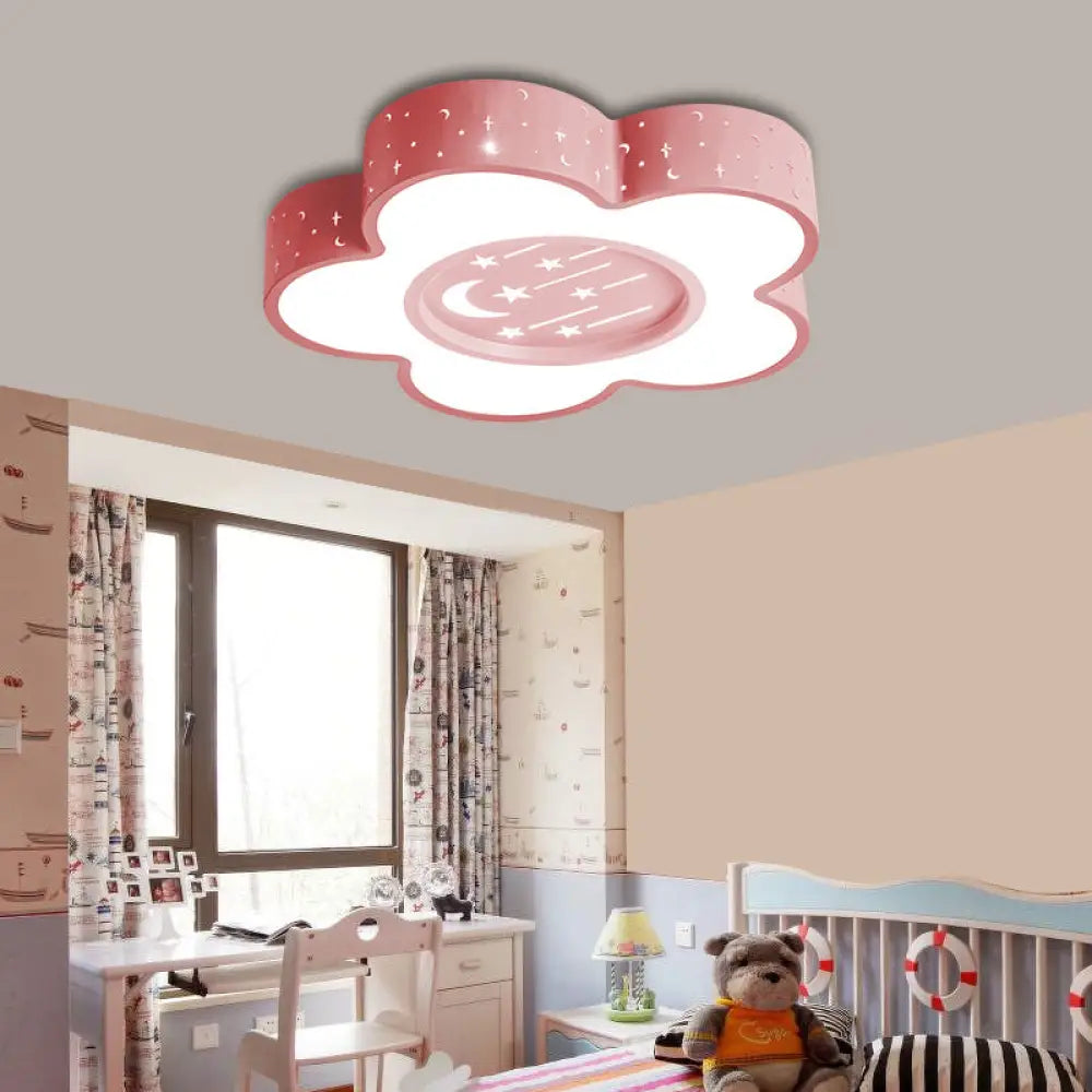 Children’s Hollow Flower Led Ceiling Mount Light With Moon And Star Cartoon Design Pink