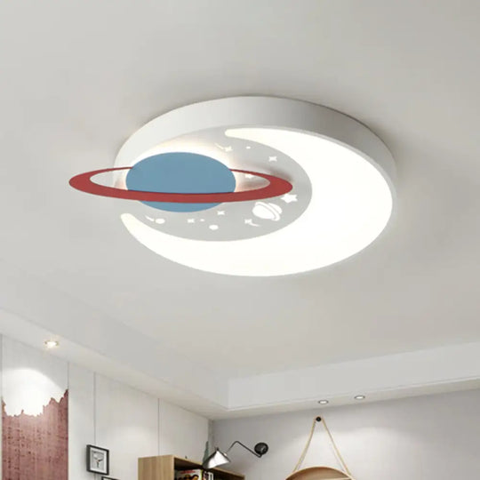 Children’s Led Flush Mount Light Fixture In White/Blue With Moon And Planet Design White