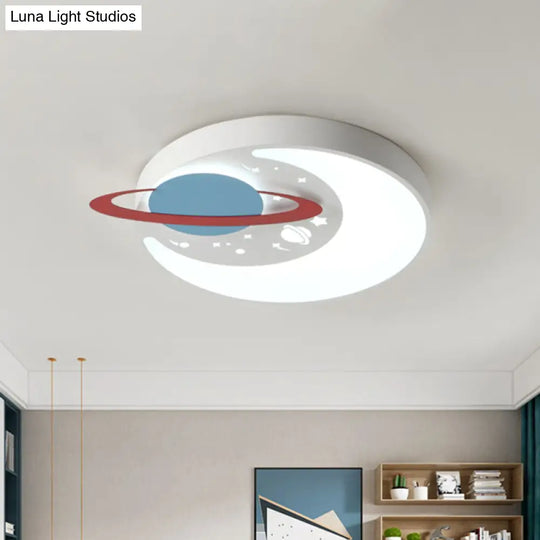 Children’s Led Flush Mount Light Fixture In White/Blue With Moon And Planet Design