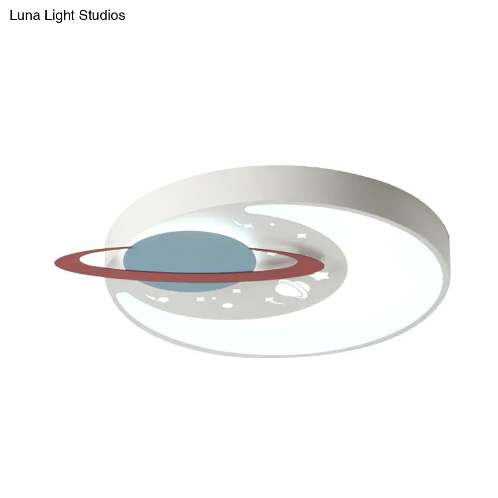 Childrens Led Flush Mount Light Fixture In White/Blue With Moon And Planet Design