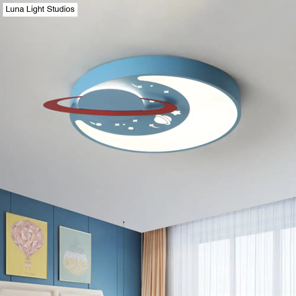 Childrens Led Flush Mount Light Fixture In White/Blue With Moon And Planet Design Blue