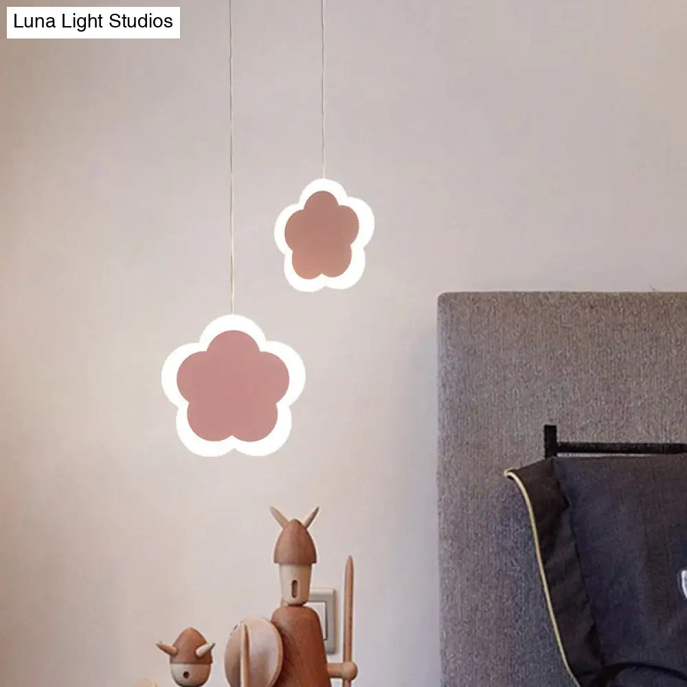 Childrens Led Pendant Light: White/Pink Flower Heart Butterfly Design With Acrylic Shade