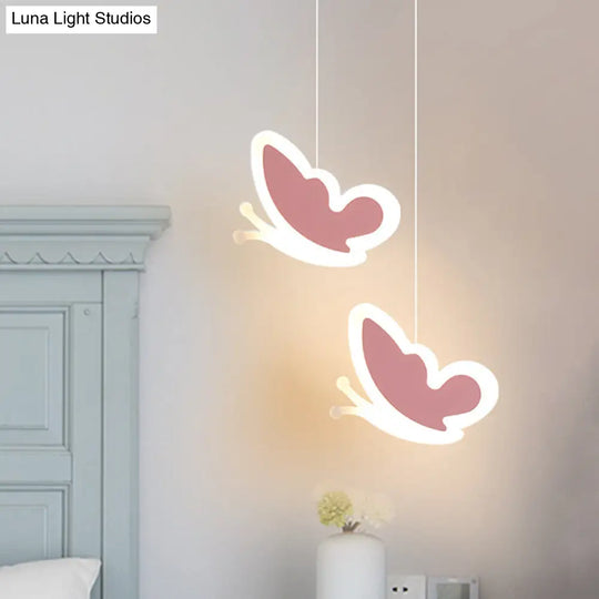 Childrens Led Pendant Light: White/Pink Flower Heart Butterfly Design With Acrylic Shade