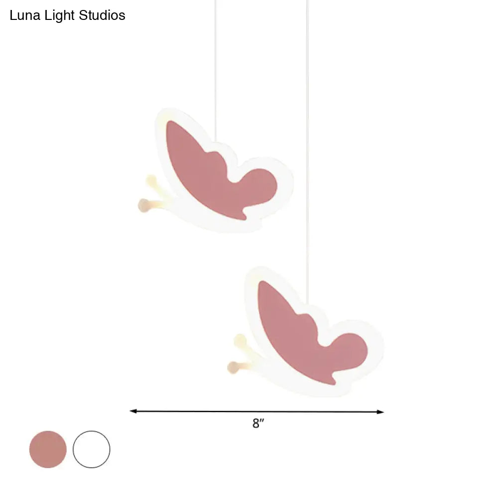 Childrens Led Pendant Light: White/Pink Flower Heart Butterfly Design With Acrylic Shade