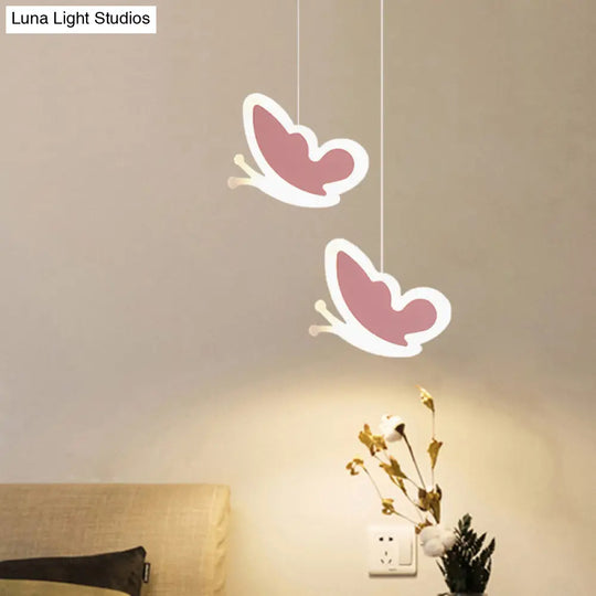 Childrens Led Pendant Light: White/Pink Flower Heart Butterfly Design With Acrylic Shade