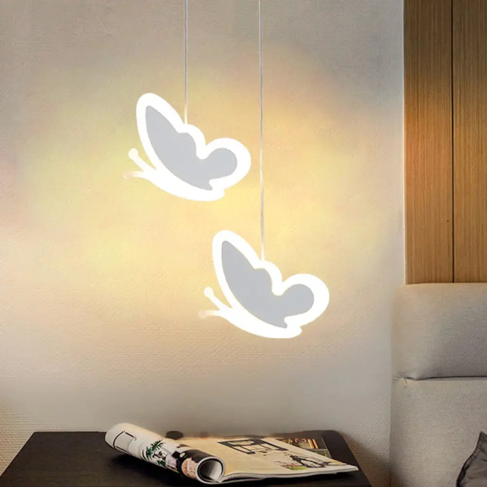 Childrens Led Pendant Light: White/Pink Flower Heart Butterfly Design With Acrylic Shade White /