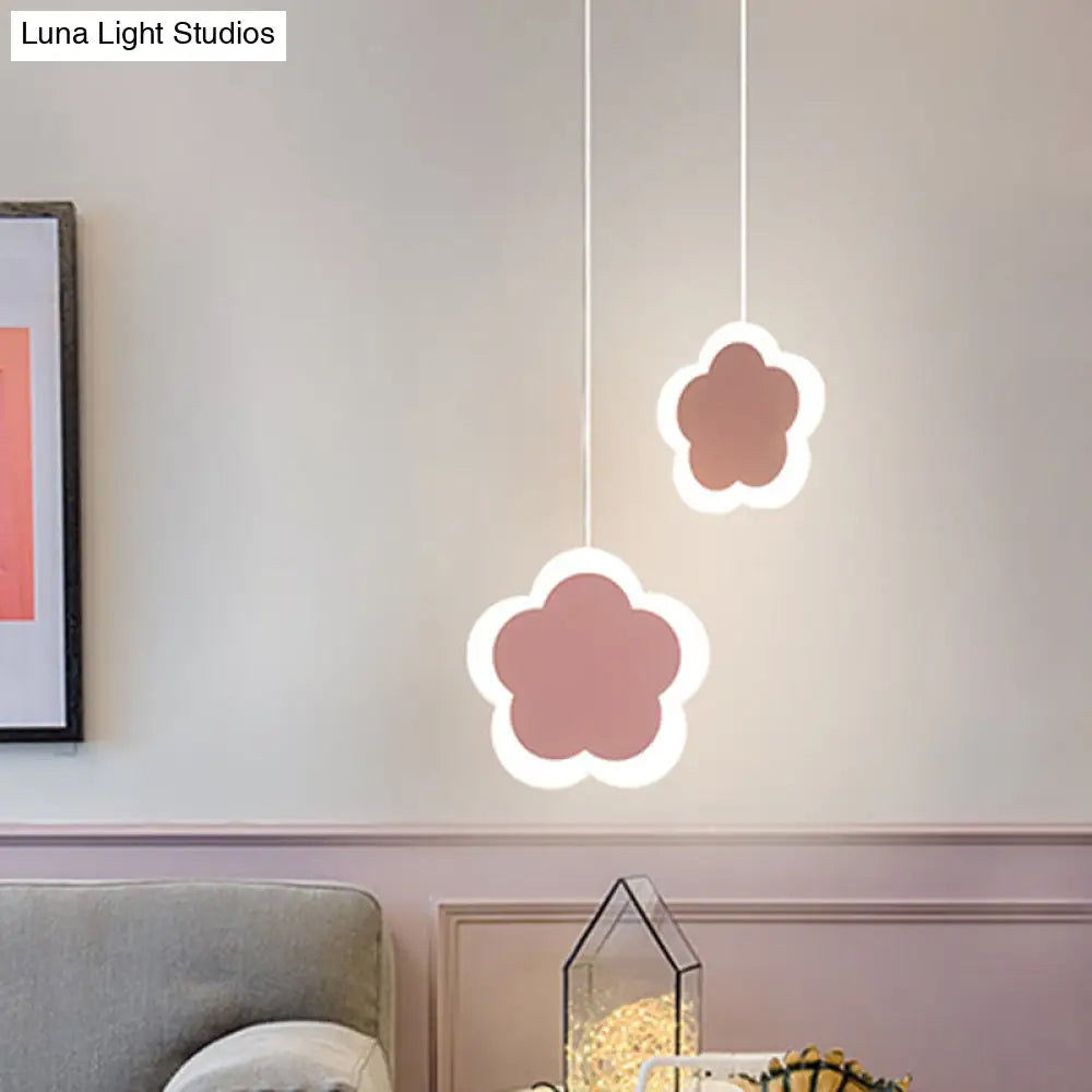 Childrens Led Pendant Light: White/Pink Flower Heart Butterfly Design With Acrylic Shade