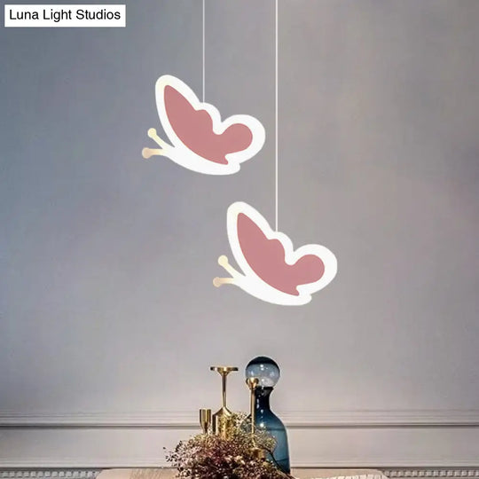 Childrens Led Pendant Light: White/Pink Flower Heart Butterfly Design With Acrylic Shade