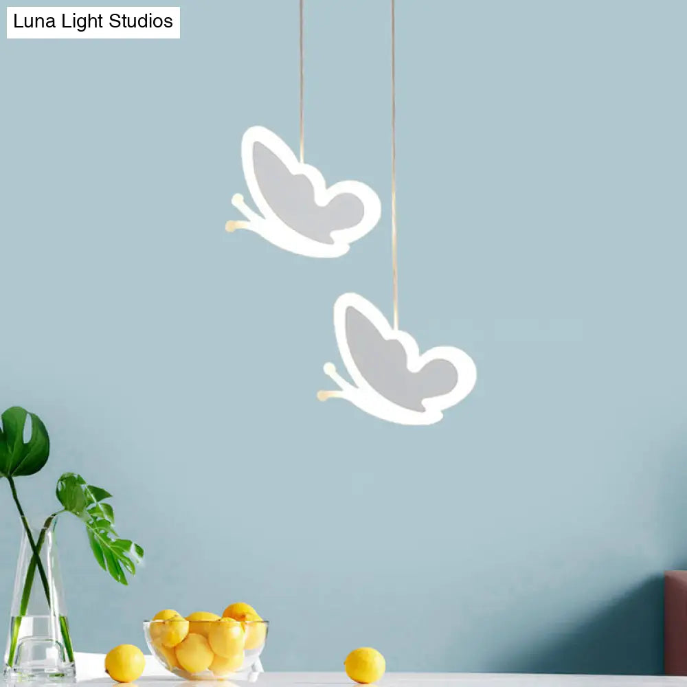 Childrens Led Pendant Light: White/Pink Flower Heart Butterfly Design With Acrylic Shade