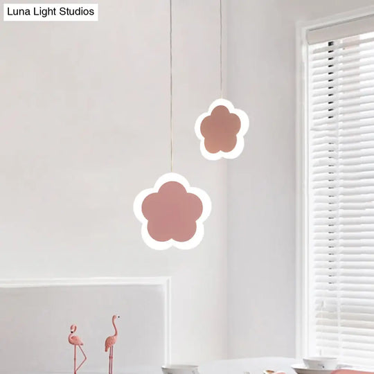 Childrens Led Pendant Light: White/Pink Flower Heart Butterfly Design With Acrylic Shade