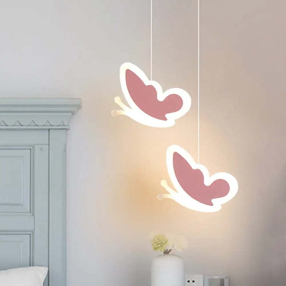 Childrens Led Pendant Light: White/Pink Flower Heart Butterfly Design With Acrylic Shade Pink /