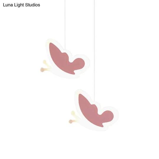 Childrens Led Pendant Light: White/Pink Flower Heart Butterfly Design With Acrylic Shade