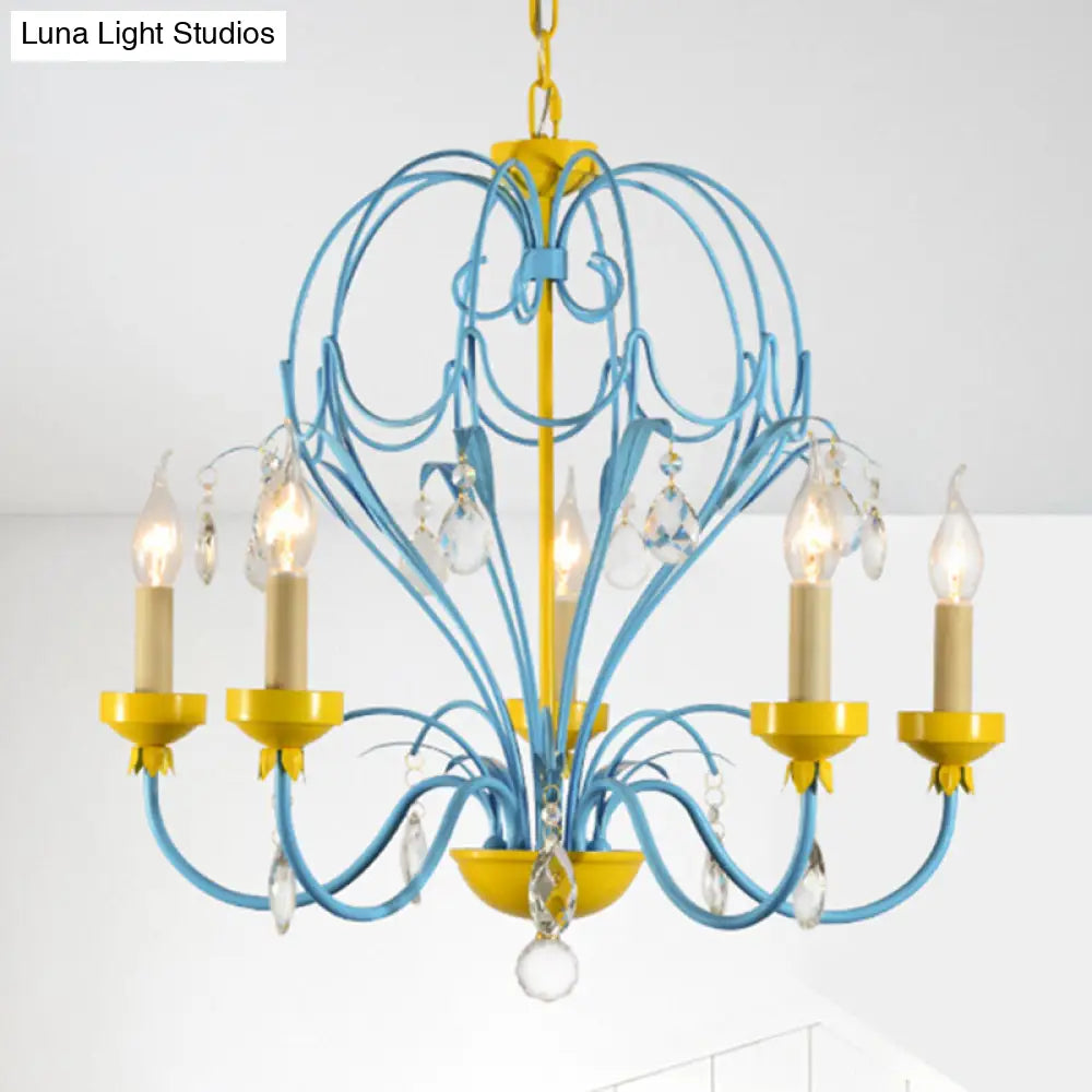 Macaron Candle Chandelier Lamp Hanging Light Metallic 5 Lights Crystal Drop Yellow & Blue