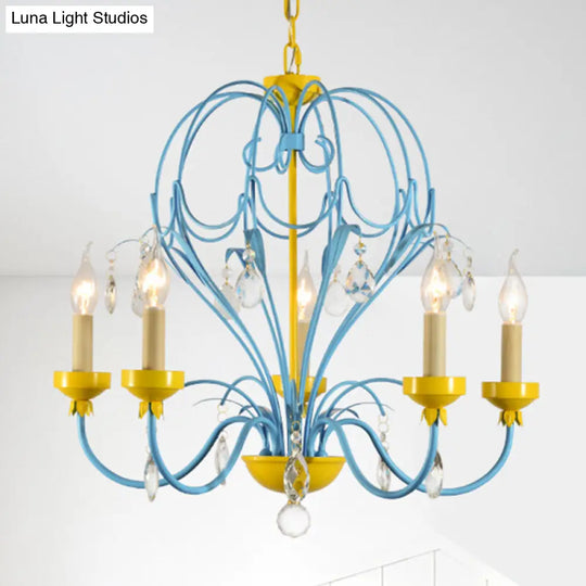 Macaron Candle Chandelier Lamp Hanging Light Metallic 5 Lights Crystal Drop Yellow & Blue