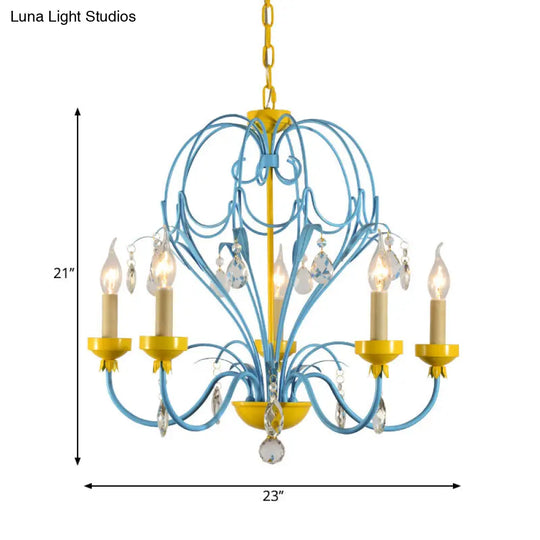 Macaron Candle Chandelier Lamp Hanging Light Metallic 5 Lights Crystal Drop Yellow & Blue