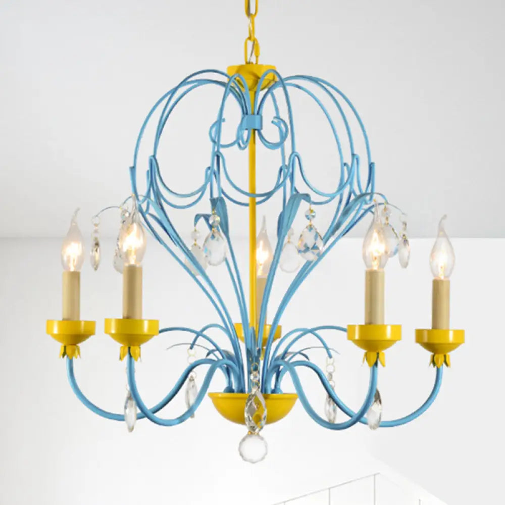 Children’s Macaron Candle Chandelier Lamp With Crystal Drop - Yellow/Blue Metallic Finish 5