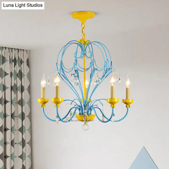 Children’s Macaron Candle Chandelier Lamp With Crystal Drop - Yellow/Blue Metallic Finish 5 Lights