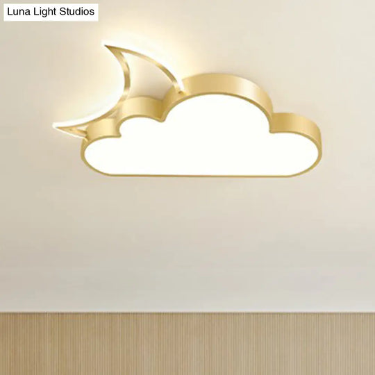 Children’s Metal Moon And Cloud Led Ceiling Fixture For Bedroom - Flush Mount Light