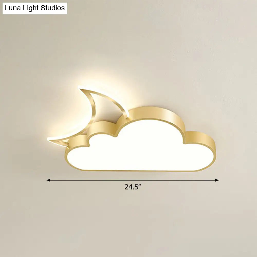 Childrens Metal Moon And Cloud Led Ceiling Fixture For Bedroom - Flush Mount Light Gold / 24.5