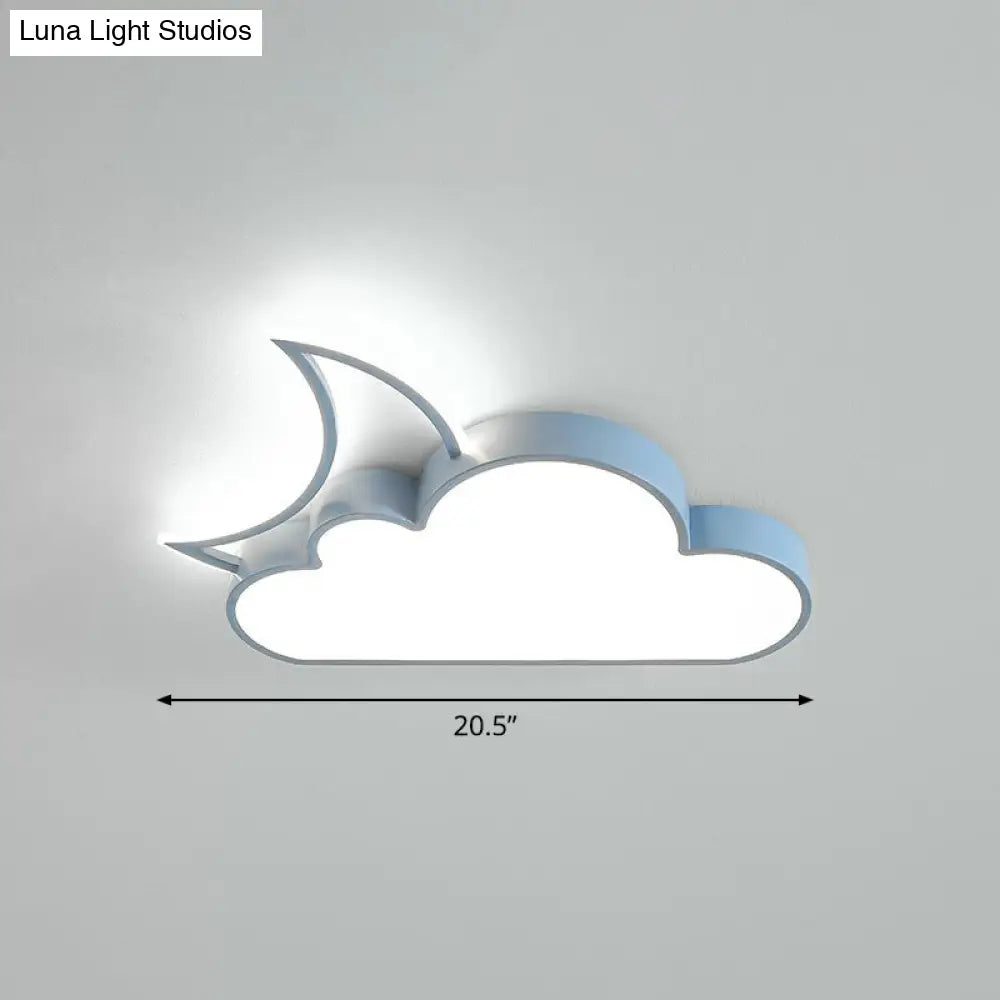 Childrens Metal Moon And Cloud Led Ceiling Fixture For Bedroom - Flush Mount Light Blue / 20.5 White