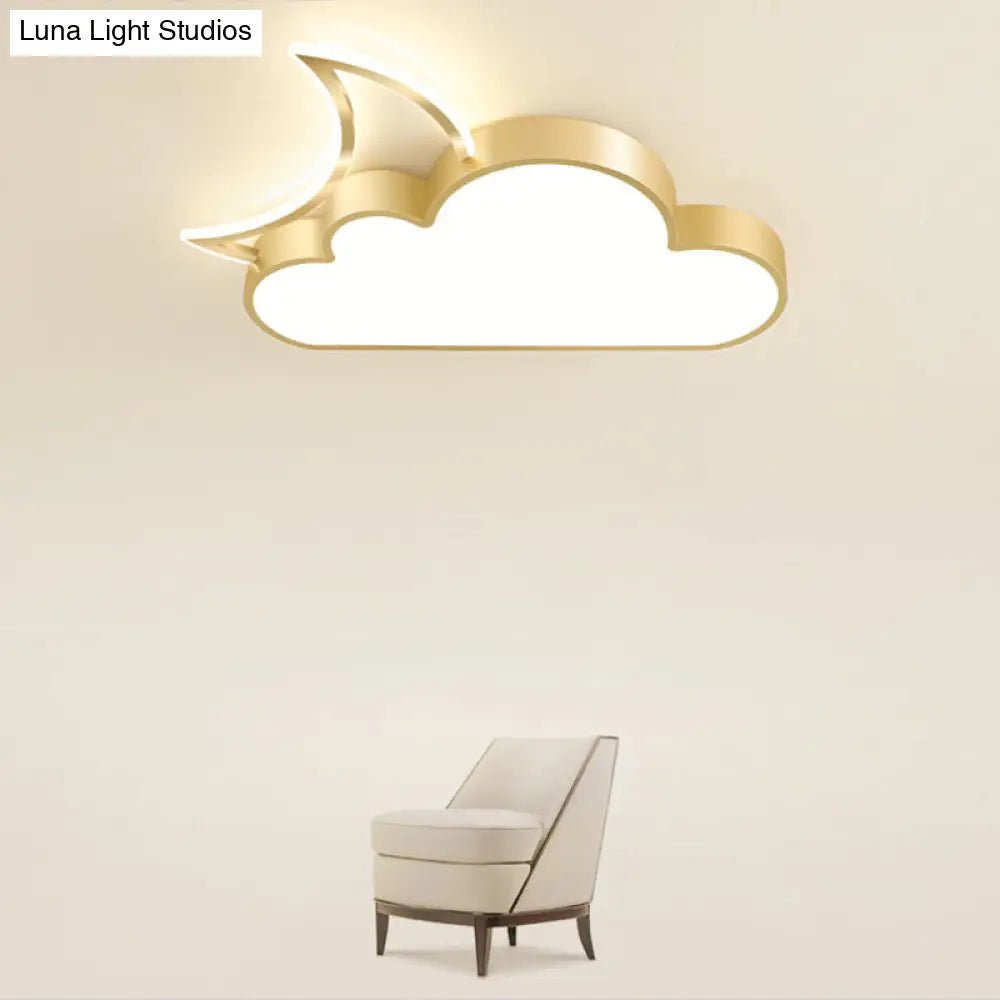 Childrens Metal Moon And Cloud Led Ceiling Fixture For Bedroom - Flush Mount Light