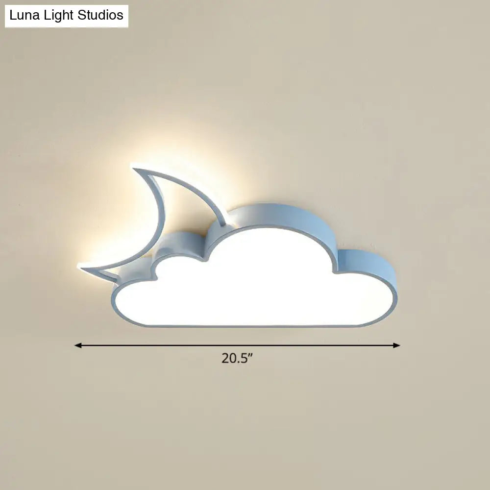 Childrens Metal Moon And Cloud Led Ceiling Fixture For Bedroom - Flush Mount Light Blue / 20.5 Warm