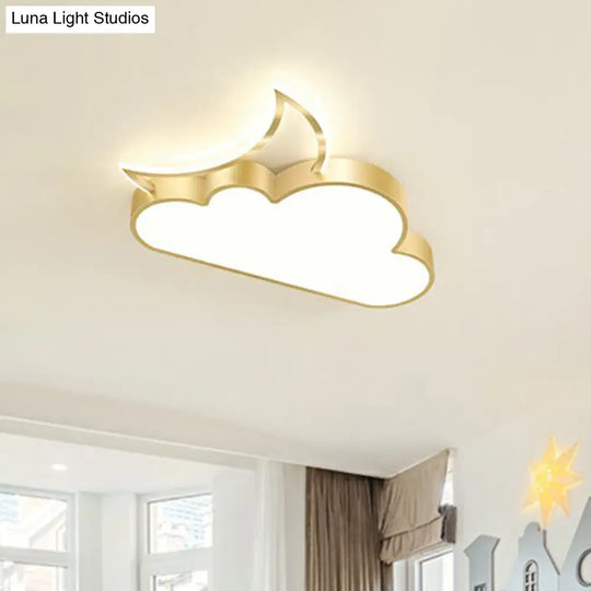 Childrens Metal Moon And Cloud Led Ceiling Fixture For Bedroom - Flush Mount Light